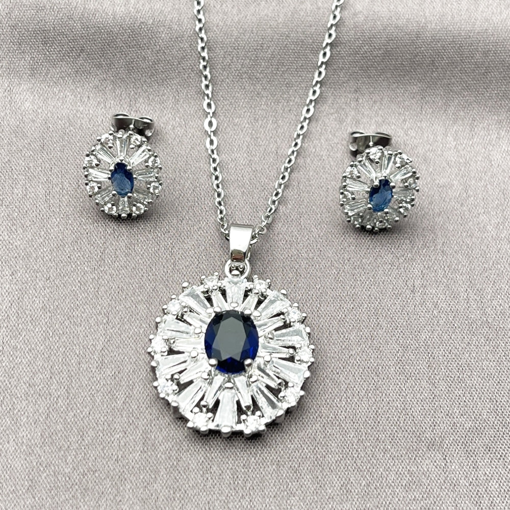 White Gold Filled Earring and Pendant Adult Set, Cluster and Baguette Design, with Sapphire Blue and White Cubic Zirconia, Polished, Rhodium Finish