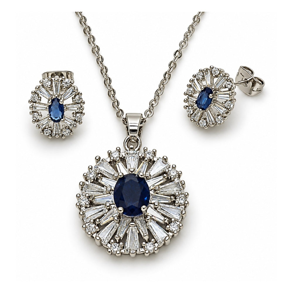 White Gold Filled Earring and Pendant Adult Set, Cluster and Baguette Design, with Sapphire Blue and White Cubic Zirconia, Polished, Rhodium Finish