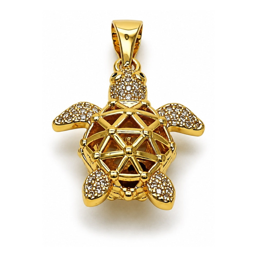 Oro Laminado Fancy Pendant, Gold Filled Style Turtle Design, with White and Black Micro Pave, Polished, Golden Finish