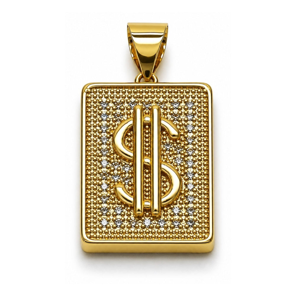Oro Laminado Fancy Pendant, Gold Filled Style Money Sign Design, with White Cubic Zirconia, Polished, Golden Finish
