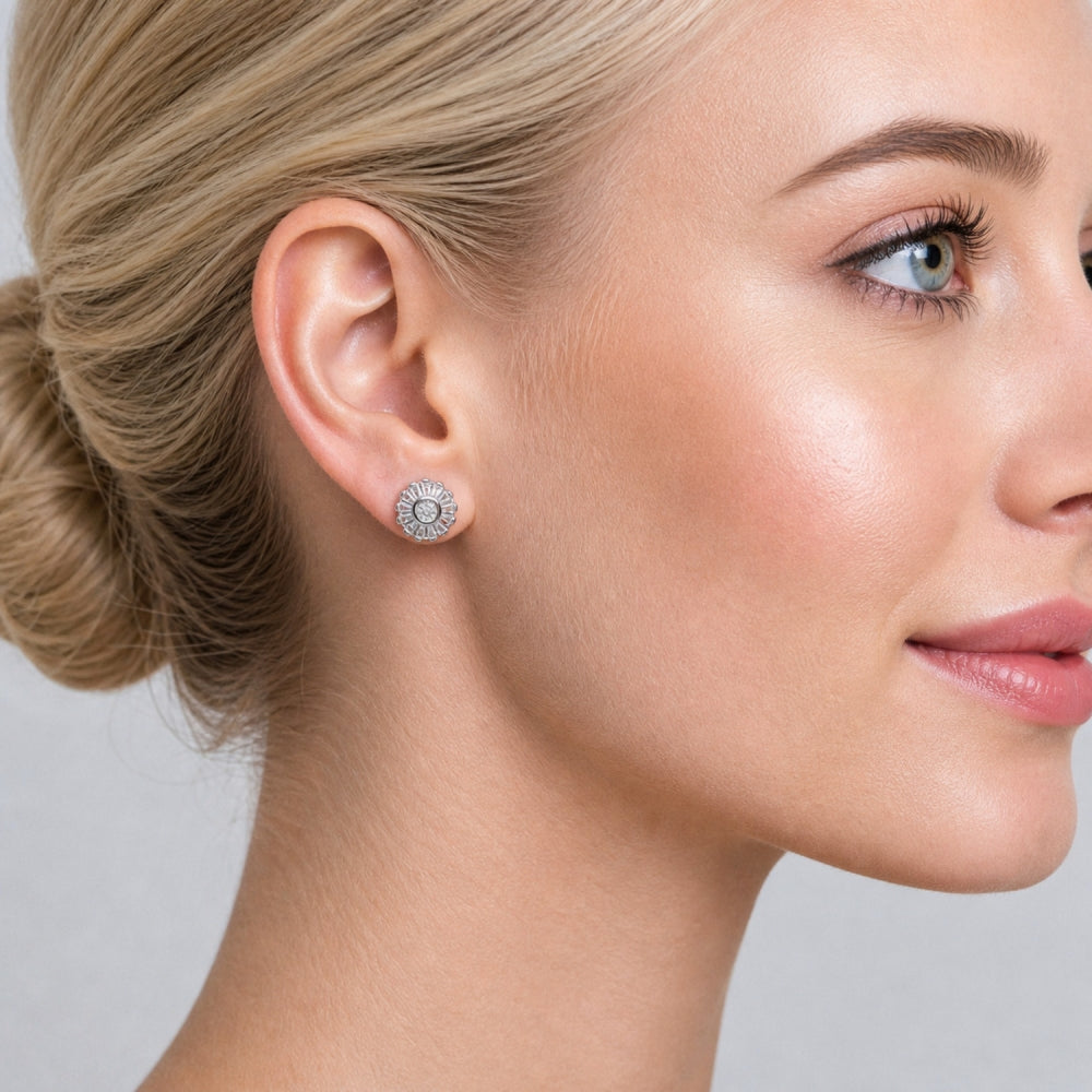 White Gold Filled Stud Earring, Baguette and Flower Design, with White Cubic Zirconia, Polished, Rhodium Finish