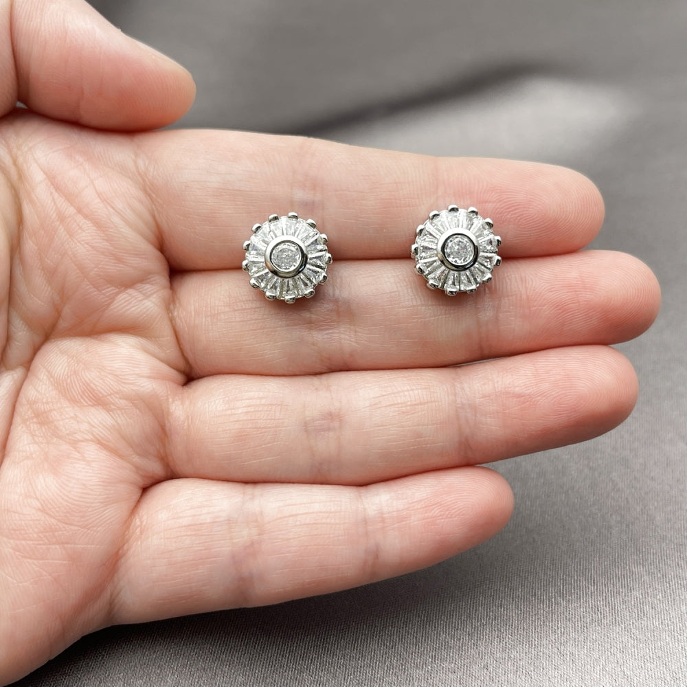 White Gold Filled Stud Earring, Baguette and Flower Design, with White Cubic Zirconia, Polished, Rhodium Finish