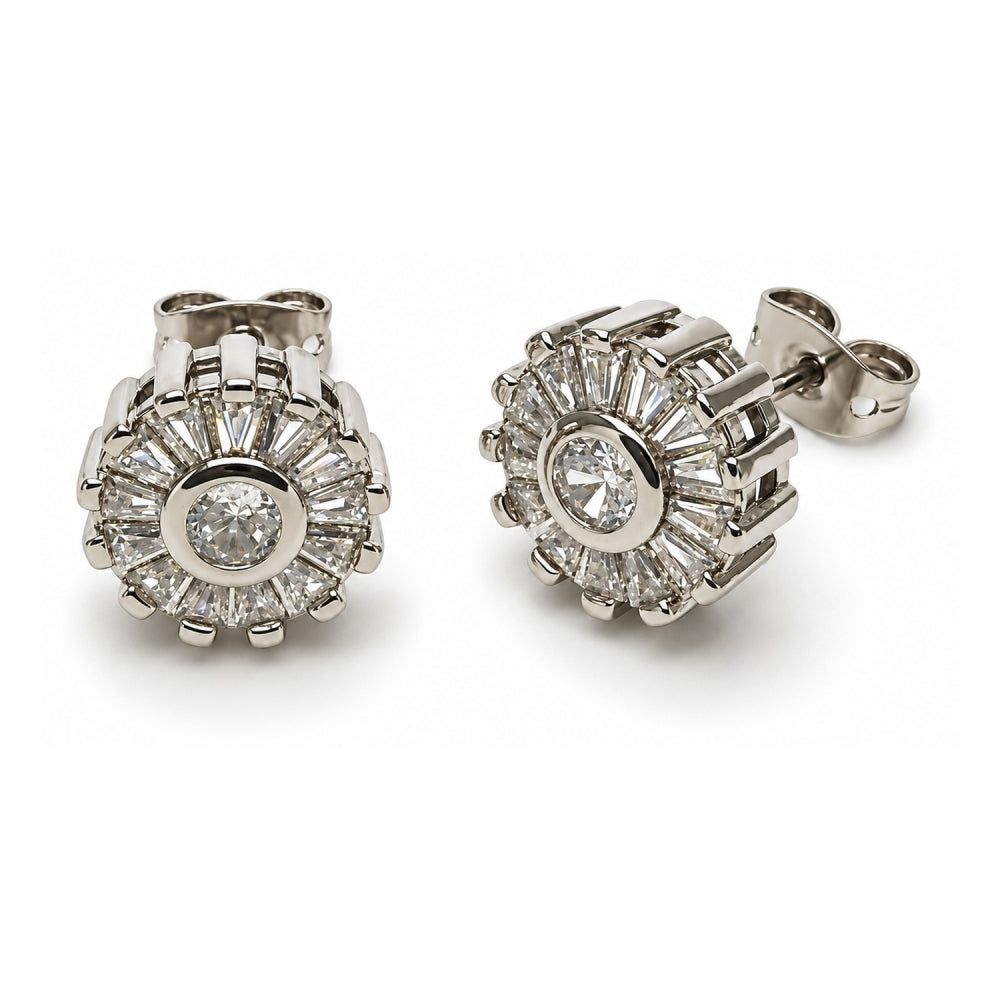 White Gold Filled Stud Earring, Baguette and Flower Design, with White Cubic Zirconia, Polished, Rhodium Finish