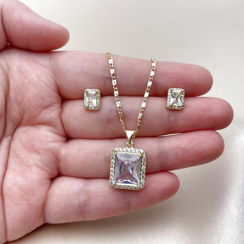 Oro Laminado Earring and Pendant Adult Set, Gold Filled Style Cluster Design, with White Cubic Zirconia and White Micro Pave, Polished, Golden Finish