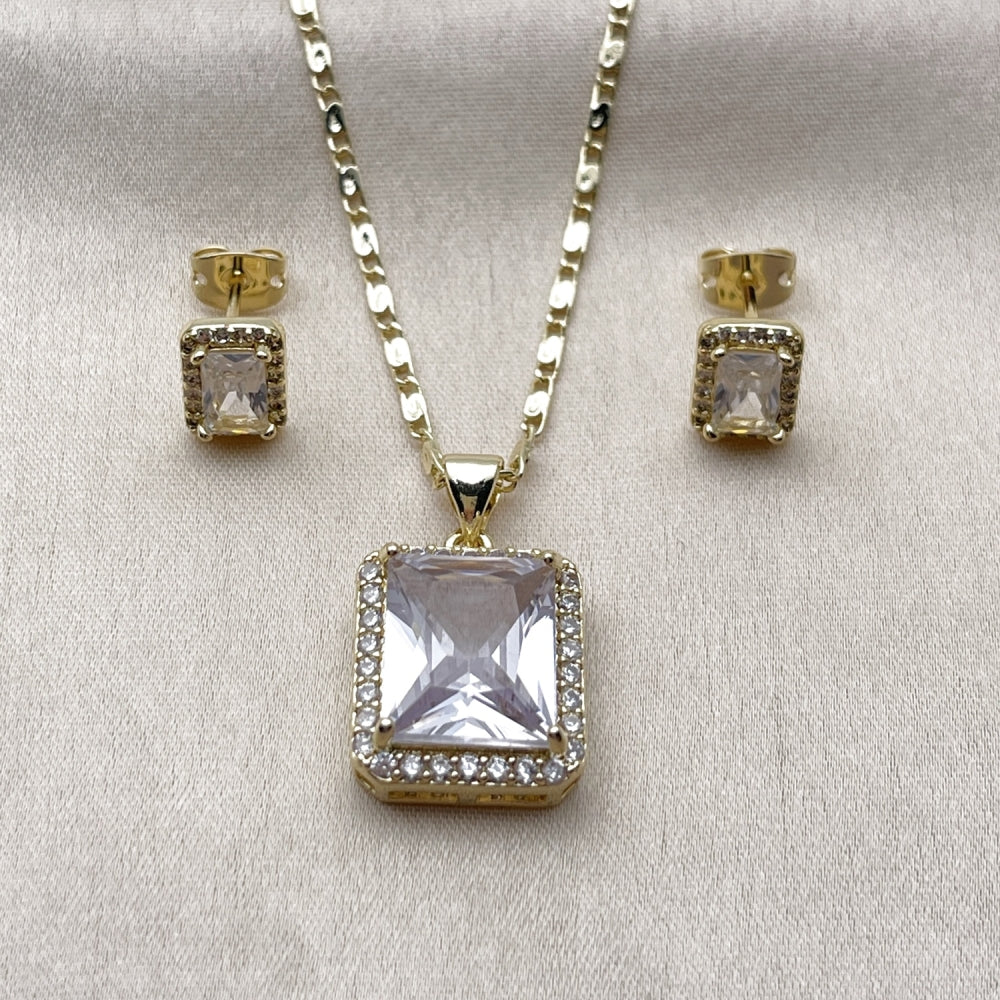 Oro Laminado Earring and Pendant Adult Set, Gold Filled Style Cluster Design, with White Cubic Zirconia and White Micro Pave, Polished, Golden Finish
