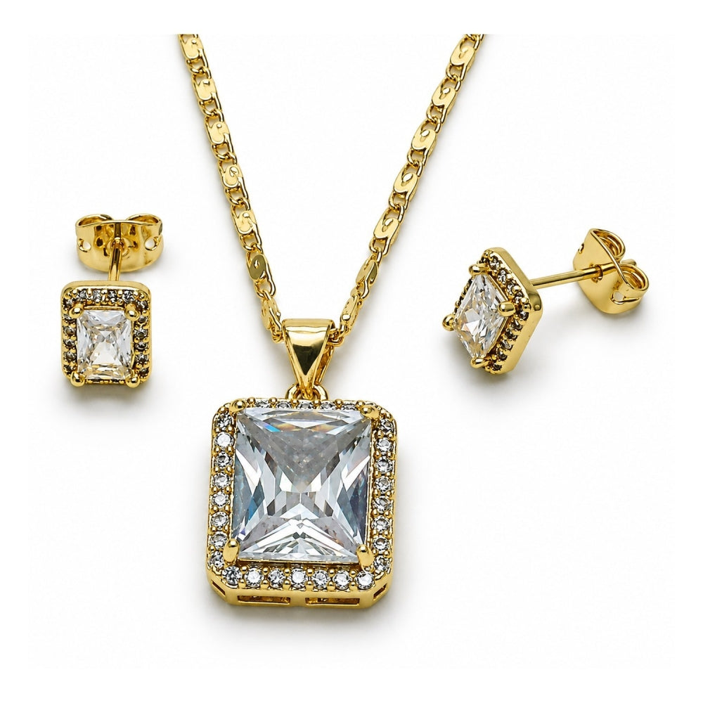 Oro Laminado Earring and Pendant Adult Set, Gold Filled Style Cluster Design, with White Cubic Zirconia and White Micro Pave, Polished, Golden Finish