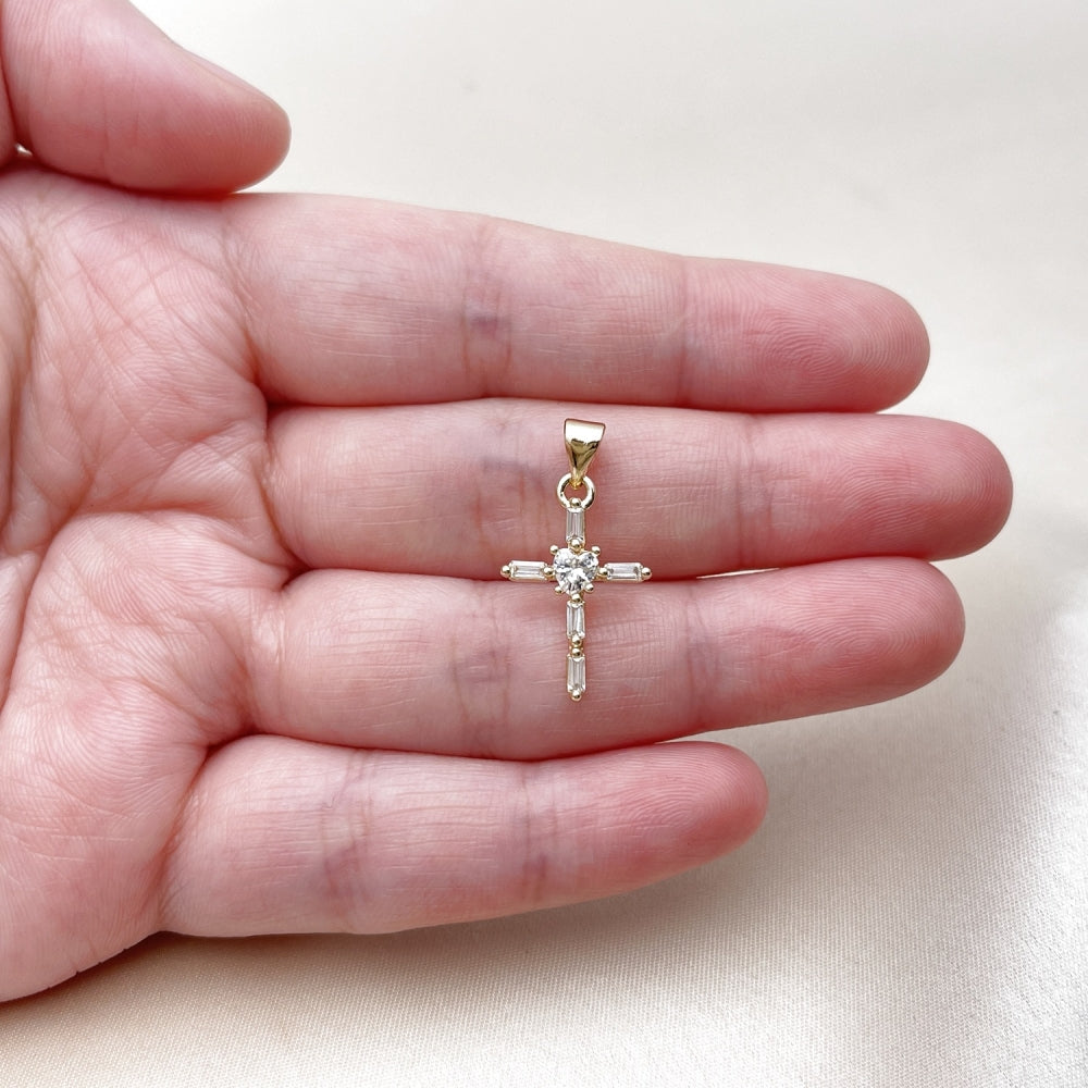 Oro Laminado Religious Pendant, Gold Filled Style Cross and Baguette Design, with White Cubic Zirconia, Polished, Golden Finish