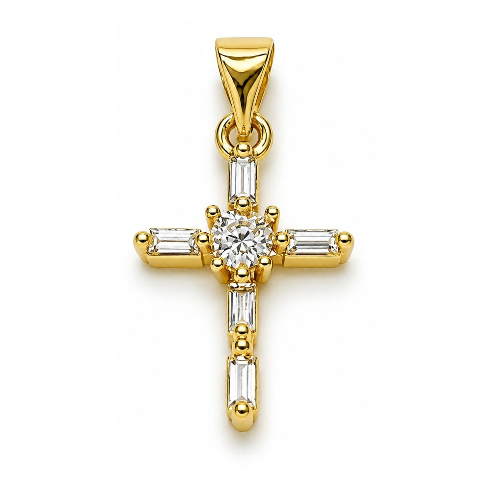 Oro Laminado Religious Pendant, Gold Filled Style Cross and Baguette Design, with White Cubic Zirconia, Polished, Golden Finish