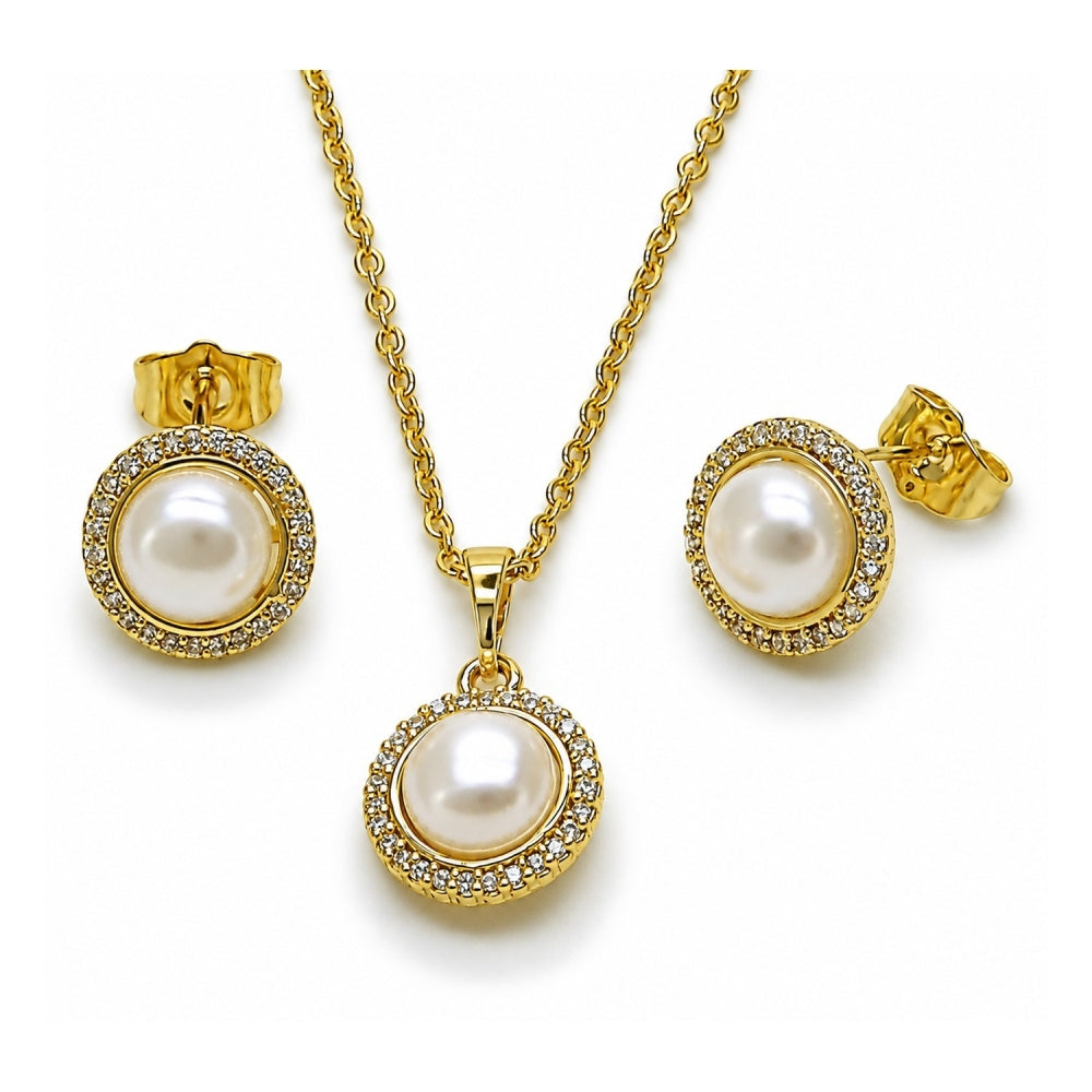 Oro Laminado Earring and Pendant Adult Set, Gold Filled Style Cluster Design, with Ivory Pearl and White Micro Pave, Polished, Golden Finish