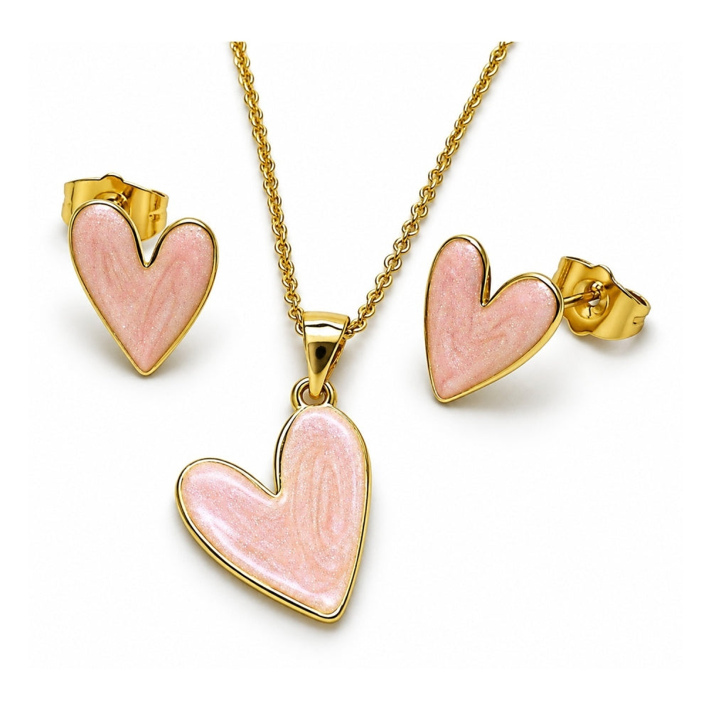 Oro Laminado Earring and Pendant Adult Set, Gold Filled Style Heart Design, Pink Enamel Finish, Golden Finish