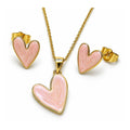 Oro Laminado Earring and Pendant Adult Set, Gold Filled Style Heart Design, Pink Enamel Finish, Golden Finish