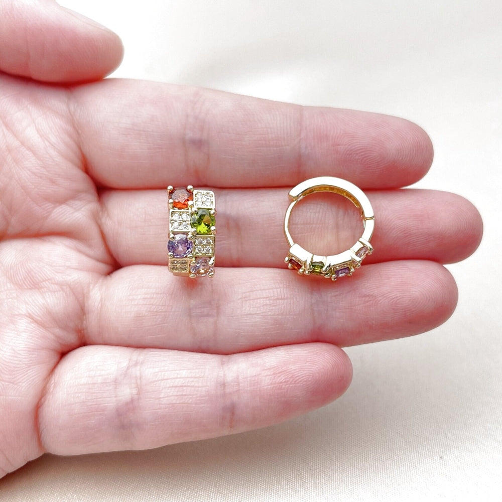 Oro Laminado Huggie Hoop, Gold Filled Style with Multicolor Cubic Zirconia and White Micro Pave, Polished, Golden Finish