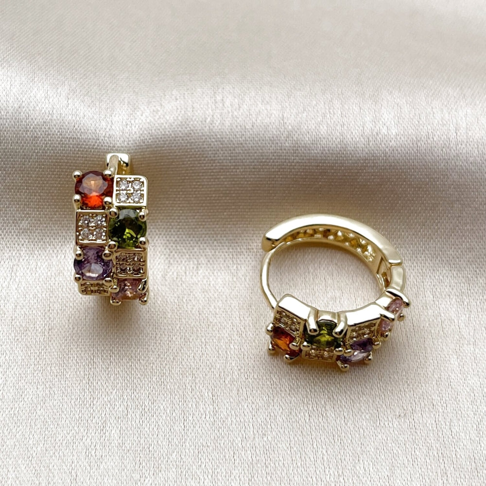 Oro Laminado Huggie Hoop, Gold Filled Style with Multicolor Cubic Zirconia and White Micro Pave, Polished, Golden Finish