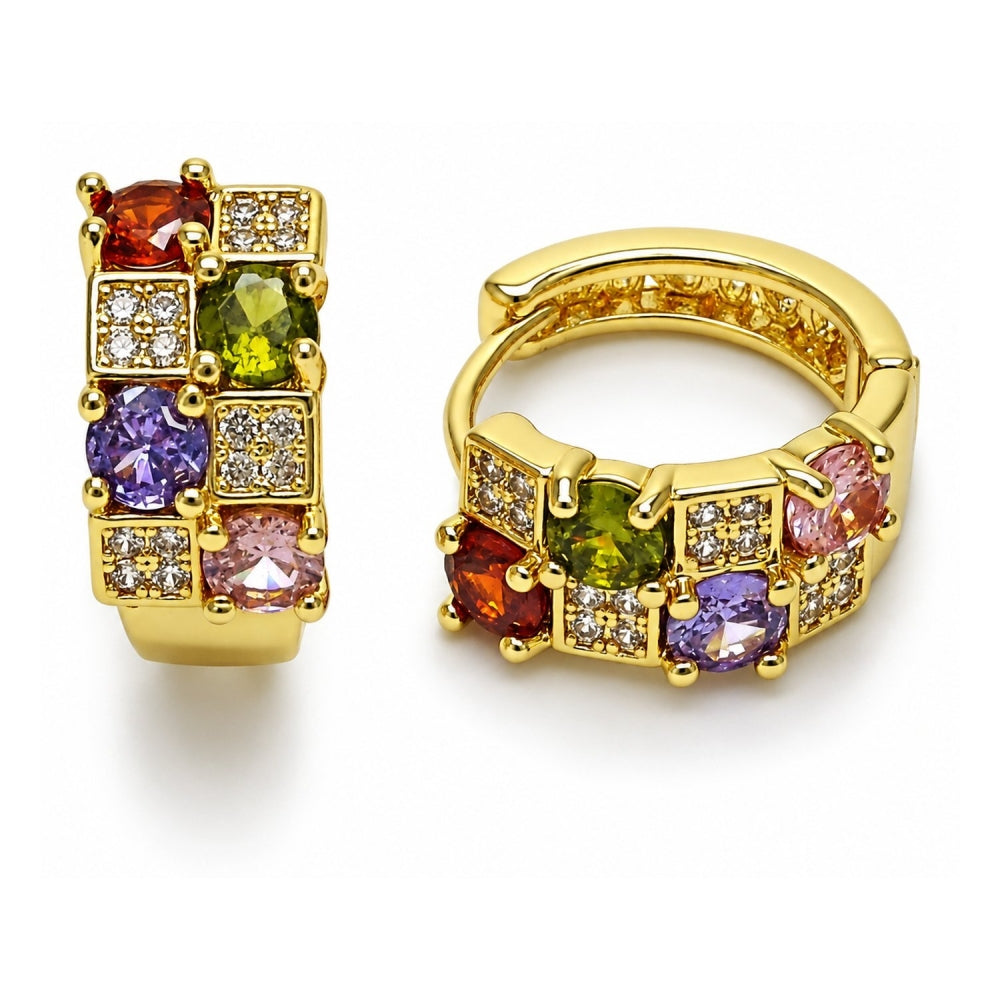 Oro Laminado Huggie Hoop, Gold Filled Style with Multicolor Cubic Zirconia and White Micro Pave, Polished, Golden Finish