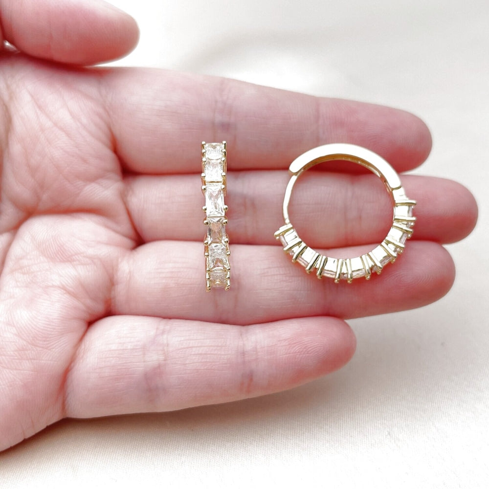 Oro Laminado Huggie Hoop, Gold Filled Style Baguette Design, with White Cubic Zirconia, Polished, Golden Finish