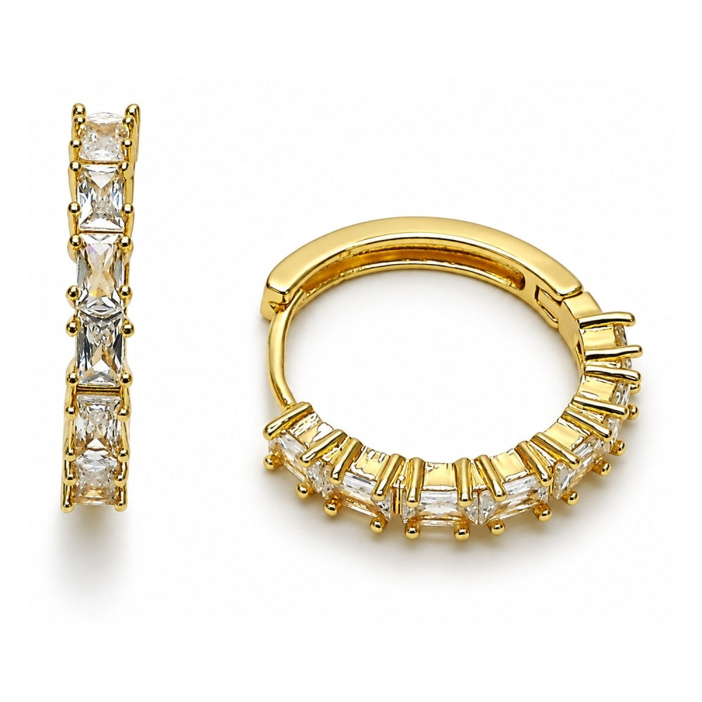 Oro Laminado Huggie Hoop, Gold Filled Style Baguette Design, with White Cubic Zirconia, Polished, Golden Finish