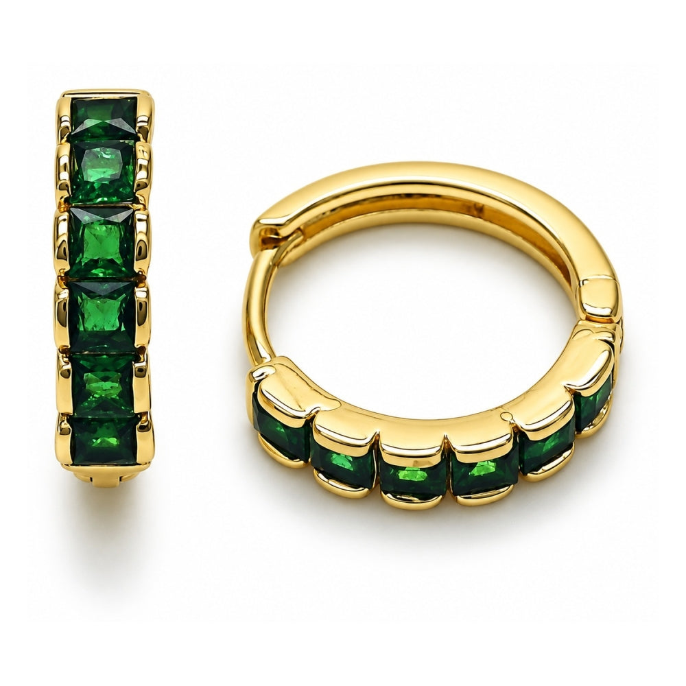 Oro Laminado Huggie Hoop, Gold Filled Style with Green Cubic Zirconia, Polished, Golden Finish