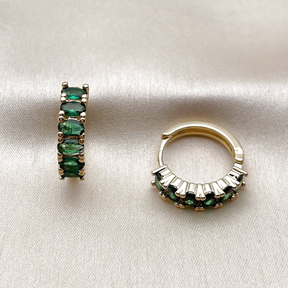 Oro Laminado Huggie Hoop, Gold Filled Style with Green Cubic Zirconia, Polished, Golden Finish