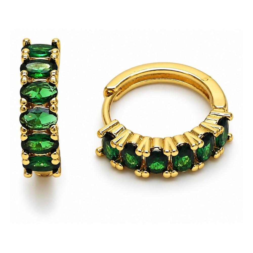 Oro Laminado Huggie Hoop, Gold Filled Style with Green Cubic Zirconia, Polished, Golden Finish