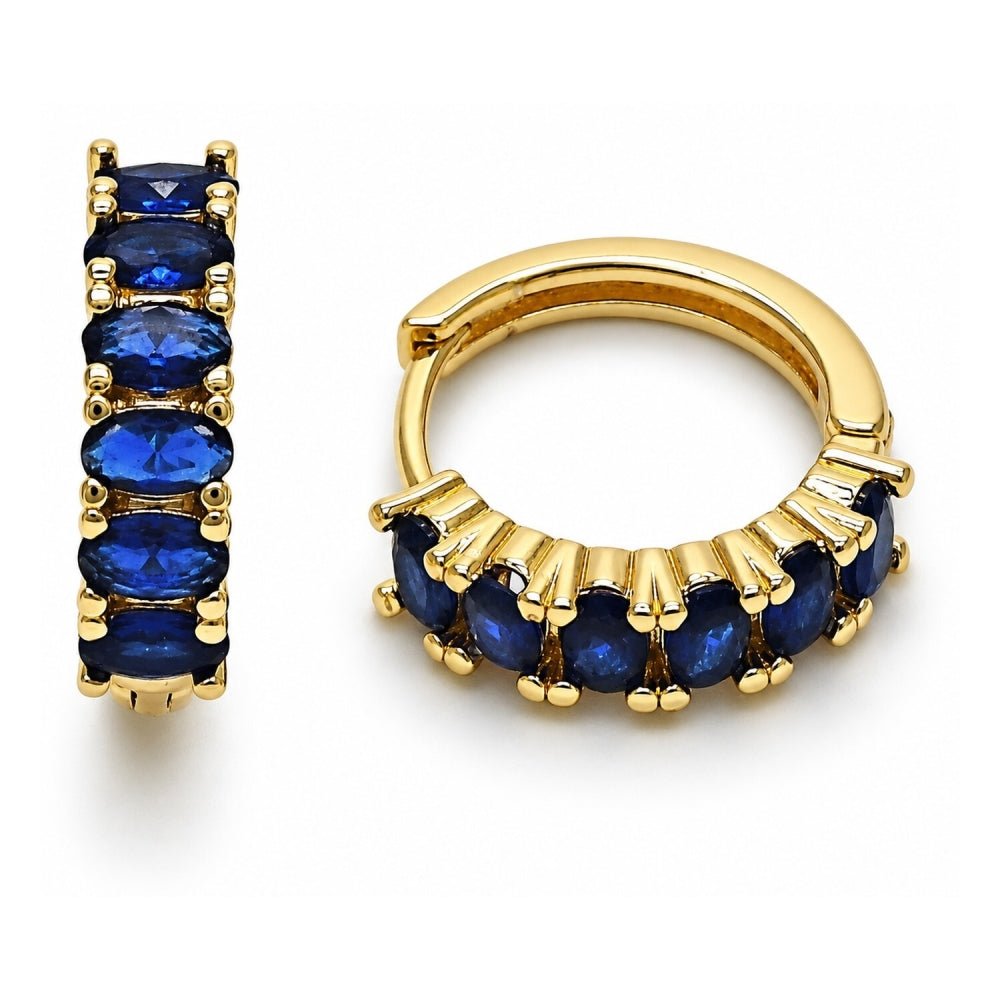 Oro Laminado Huggie Hoop, Gold Filled Style with Sapphire Blue Cubic Zirconia, Polished, Golden Finish