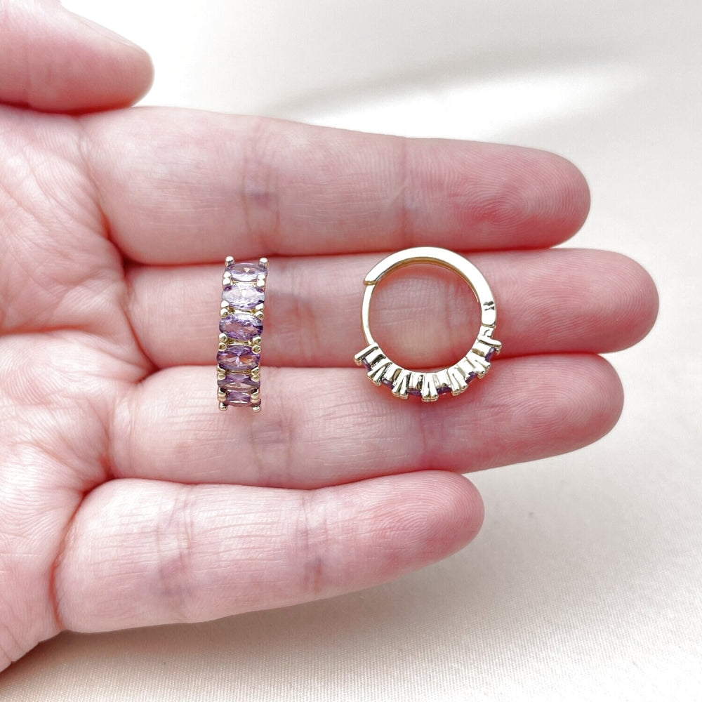 Oro Laminado Huggie Hoop, Gold Filled Style with Amethyst Cubic Zirconia, Polished, Golden Finish
