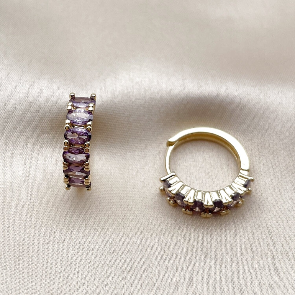 Oro Laminado Huggie Hoop, Gold Filled Style with Amethyst Cubic Zirconia, Polished, Golden Finish
