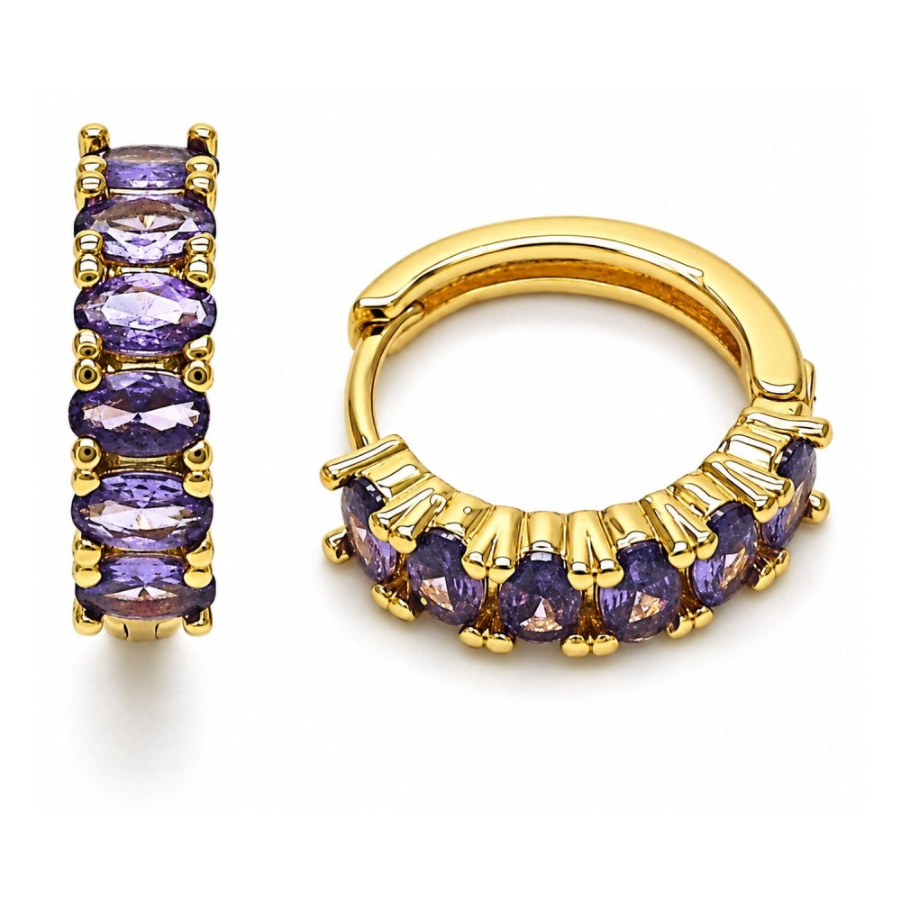 Oro Laminado Huggie Hoop, Gold Filled Style with Amethyst Cubic Zirconia, Polished, Golden Finish
