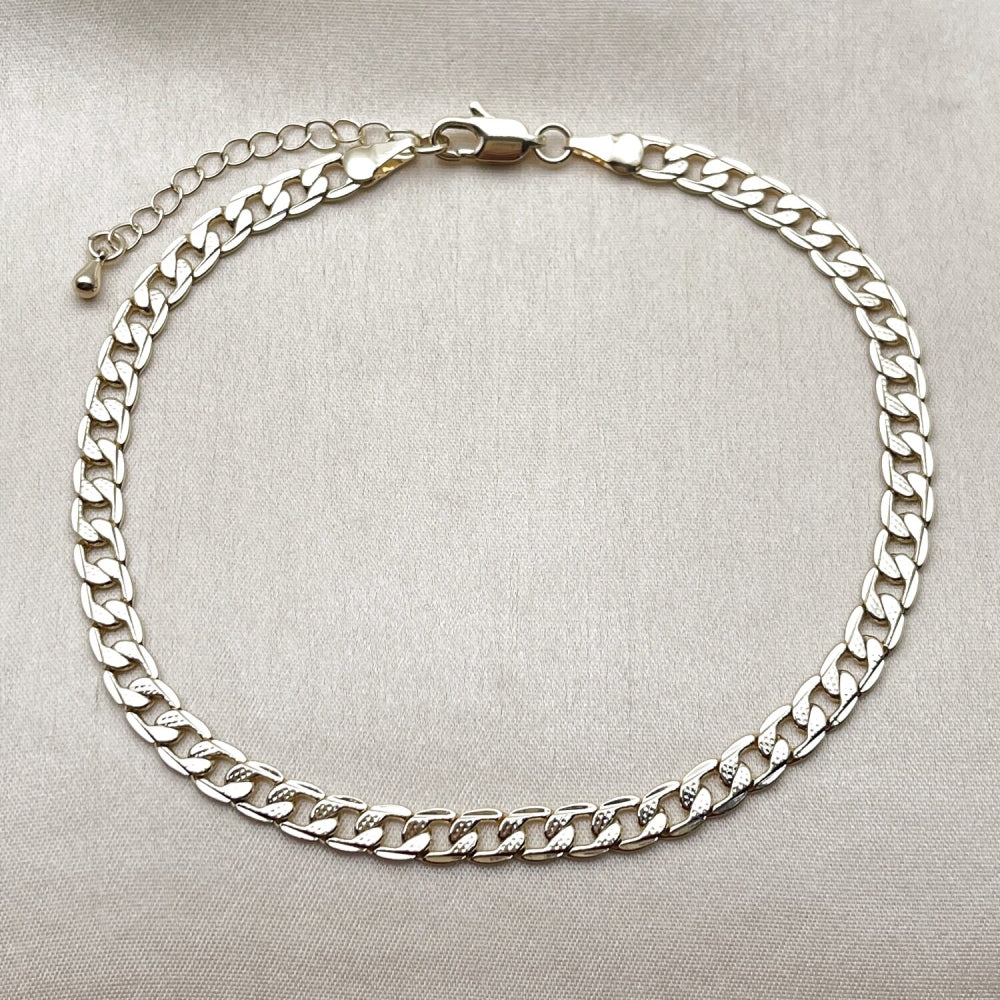 Oro Laminado Basic Anklet, Gold Filled Style Pave Cuban Design, Diamond Cutting Finish, Golden Finish