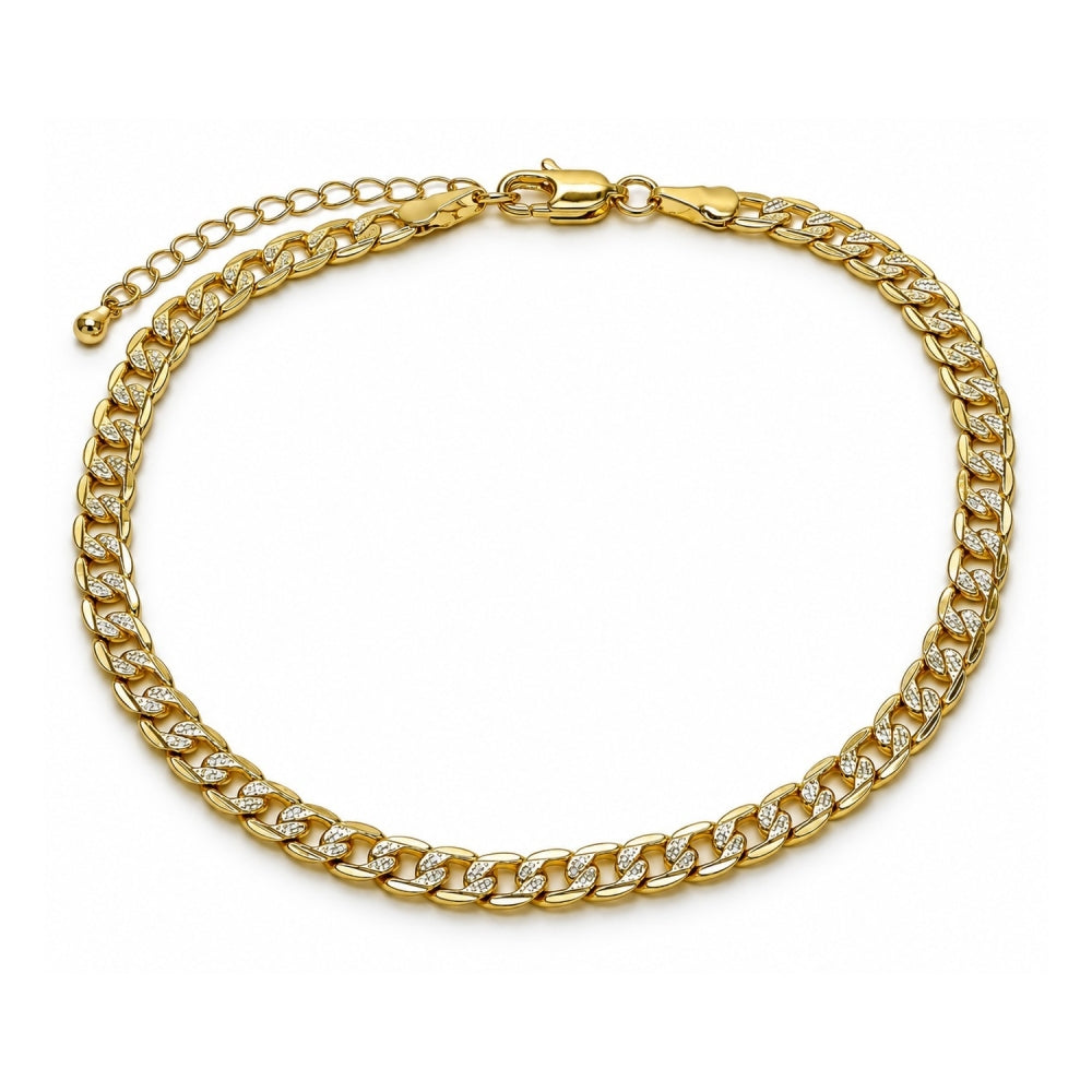 Oro Laminado Basic Anklet, Gold Filled Style Pave Cuban Design, Diamond Cutting Finish, Golden Finish
