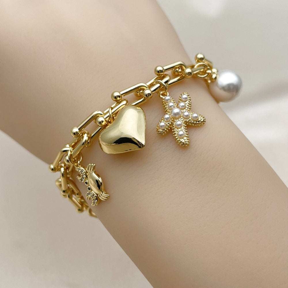 Oro Laminado Charm Bracelet, Gold Filled Style Heart and Star Design, with Ivory Pearl and White Micro Pave, Polished, Golden Finish