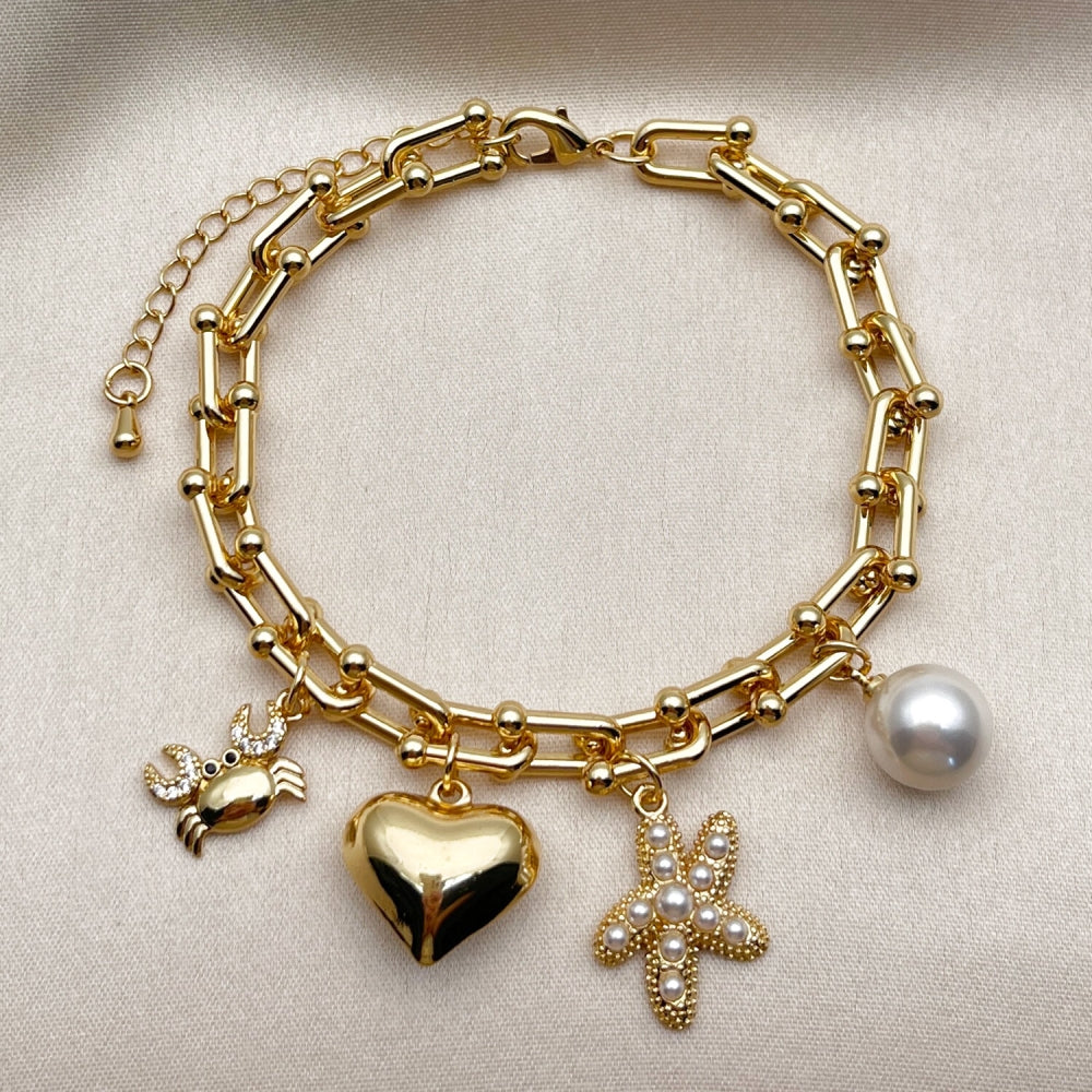 Oro Laminado Charm Bracelet, Gold Filled Style Heart and Star Design, with Ivory Pearl and White Micro Pave, Polished, Golden Finish