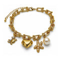 Oro Laminado Charm Bracelet, Gold Filled Style Heart and Star Design, with Ivory Pearl and White Micro Pave, Polished, Golden Finish