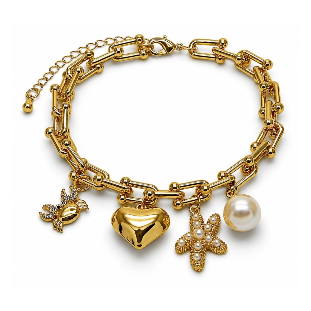 Oro Laminado Charm Bracelet, Gold Filled Style Heart and Star Design, with Ivory Pearl and White Micro Pave, Polished, Golden Finish