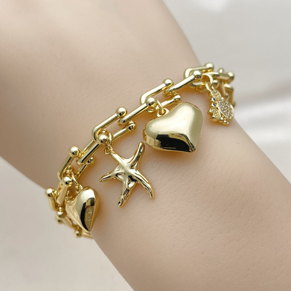 Oro Laminado Charm Bracelet, Gold Filled Style Heart and Star Design, with White Micro Pave and Black Cubic Zirconia, Polished, Golden Finish