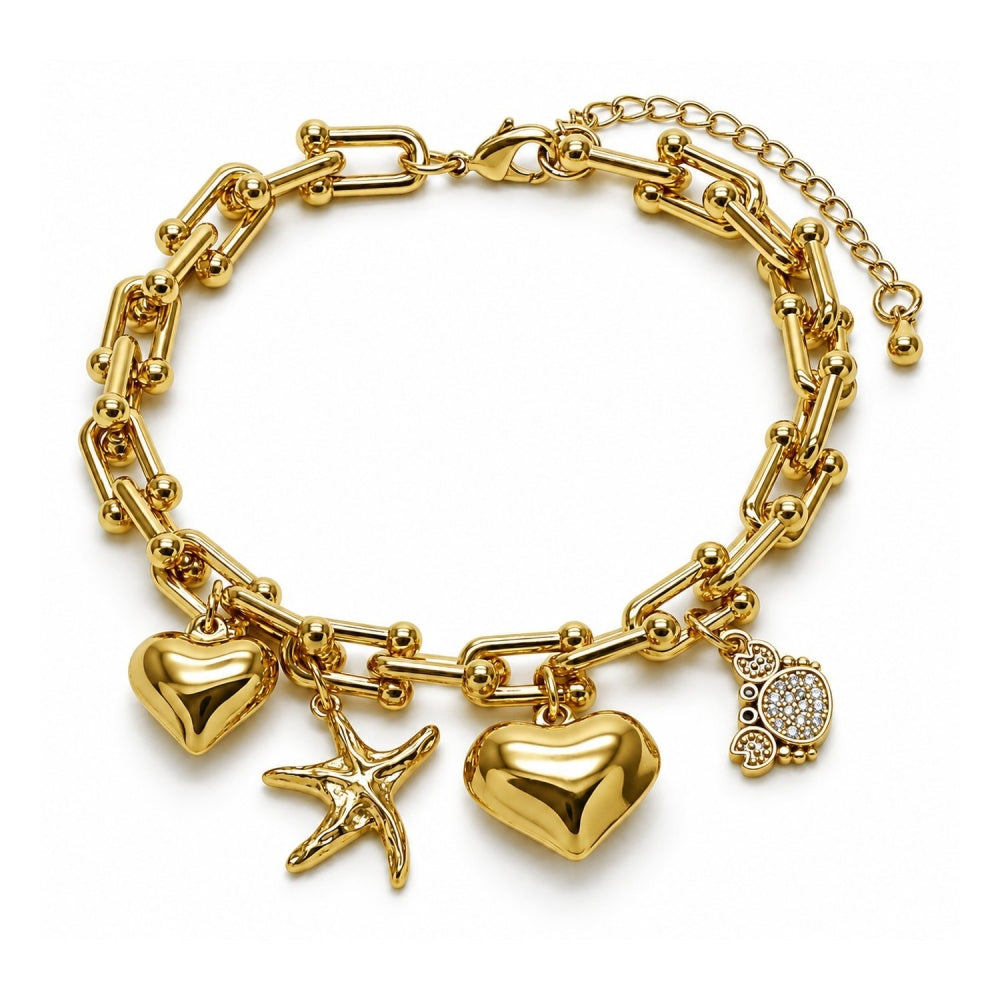 Oro Laminado Charm Bracelet, Gold Filled Style Heart and Star Design, with White Micro Pave and Black Cubic Zirconia, Polished, Golden Finish