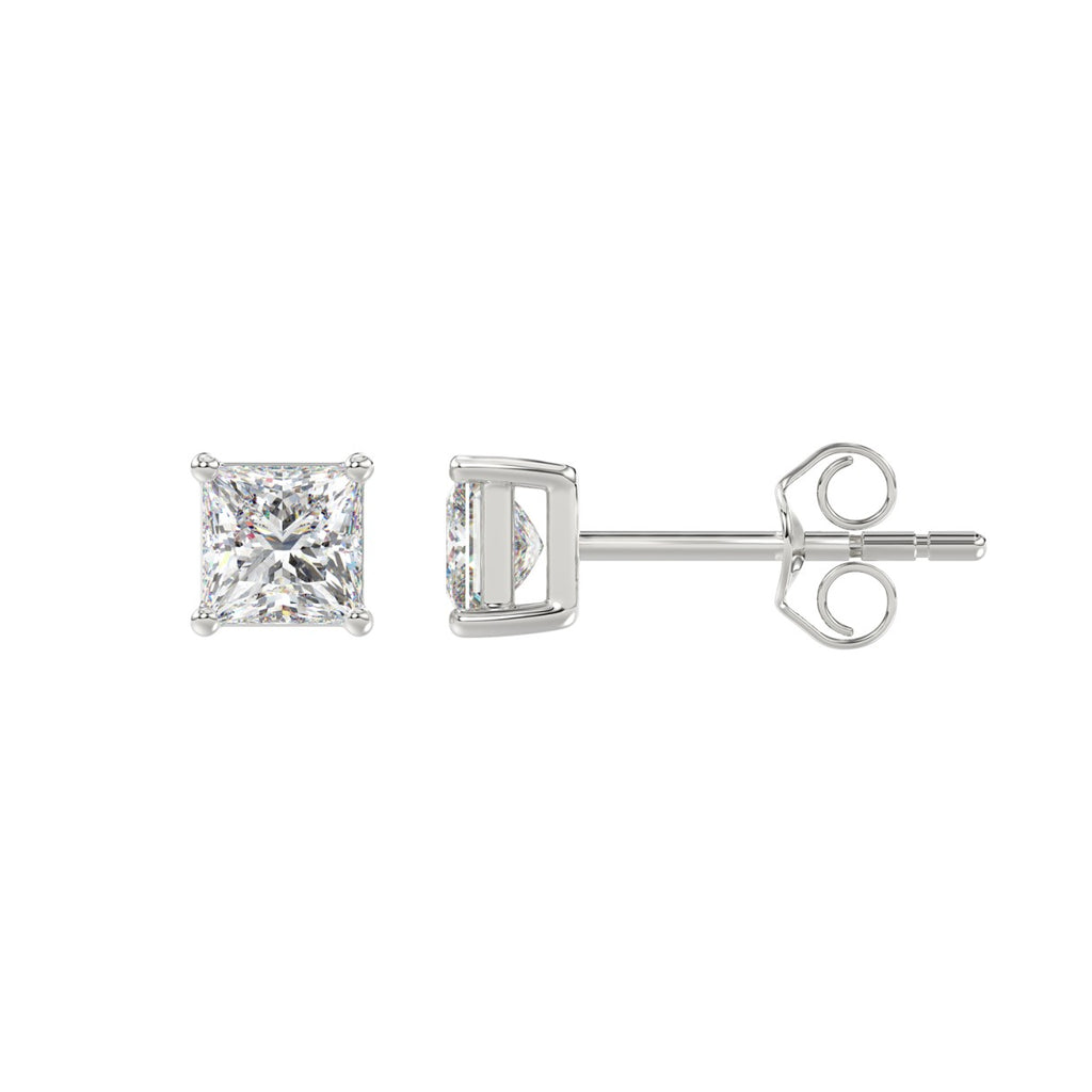 1 Carat Princess Lab Grown Diamond Stud Earrings White Gold angle view