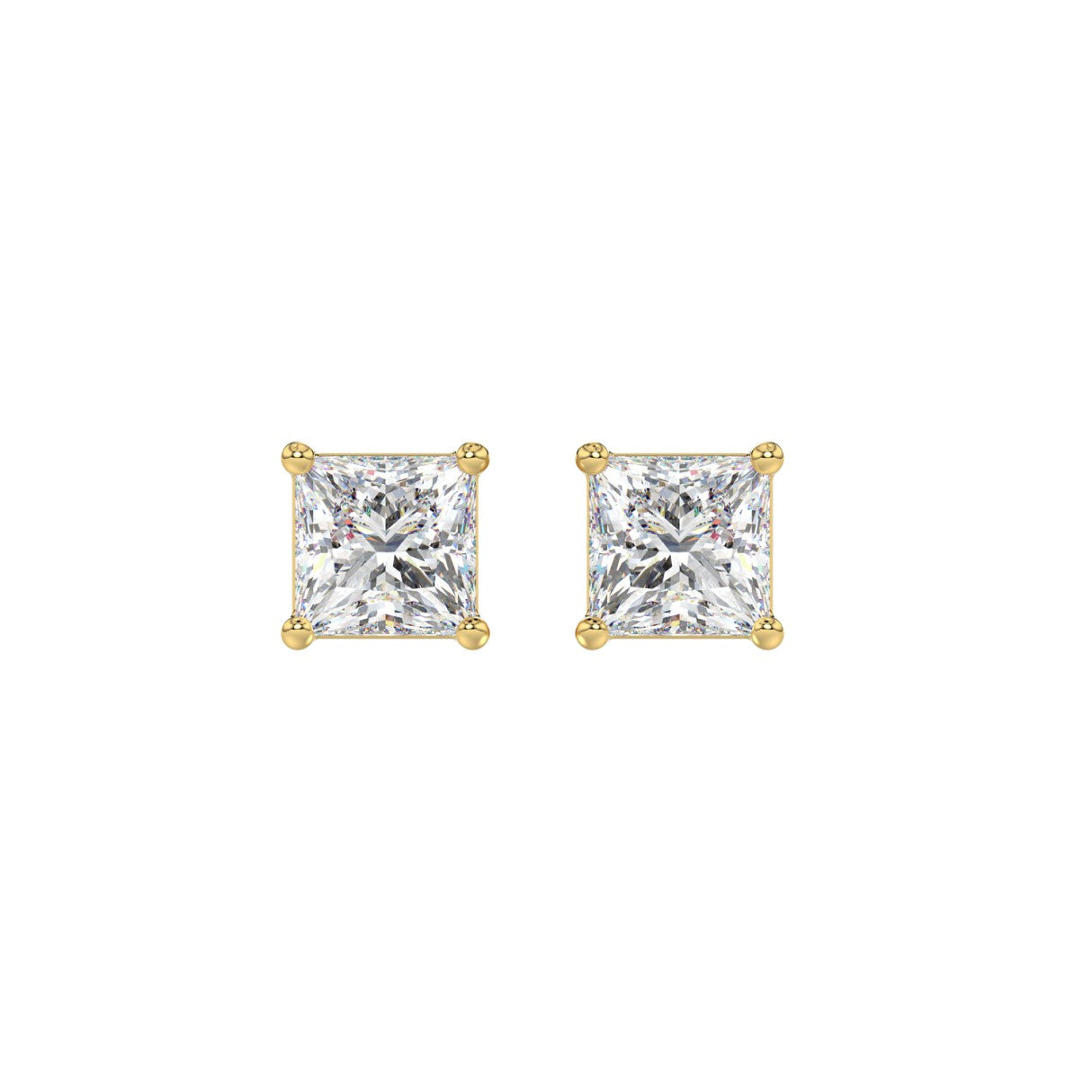 2 Carat Princess Lab Grown Diamond Stud Earrings Yellow Gold angle view