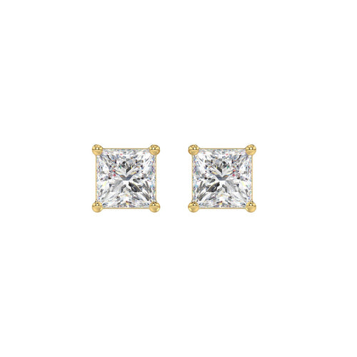 2 Carat Princess Lab Grown Diamond Stud Earrings Yellow Gold angle view