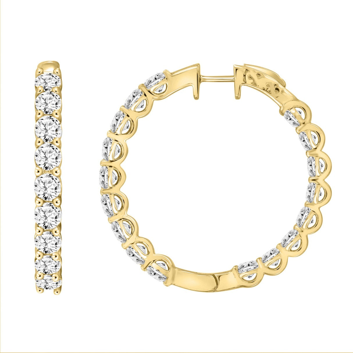 7 Carat Inside-Out Round Lab Grown Diamond Hoop Earrings Yellow Gold angle view