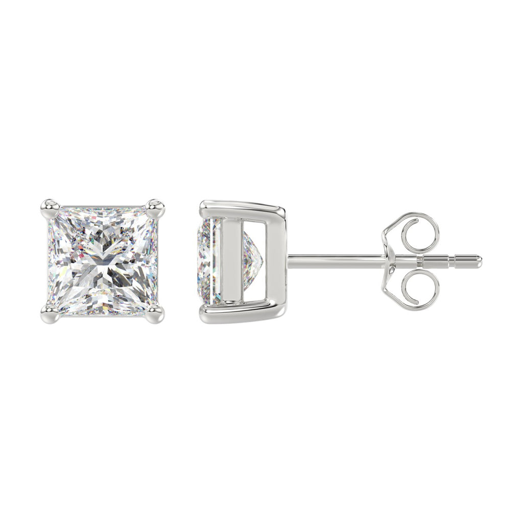 4 Carat Princess Lab Grown Diamond Stud Earrings White Gold angle view