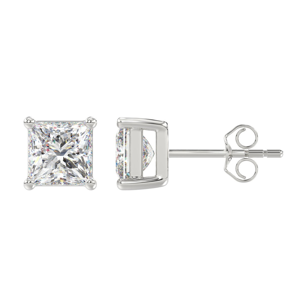 4 Carat Princess Lab Grown Diamond Stud Earrings White Gold angle view