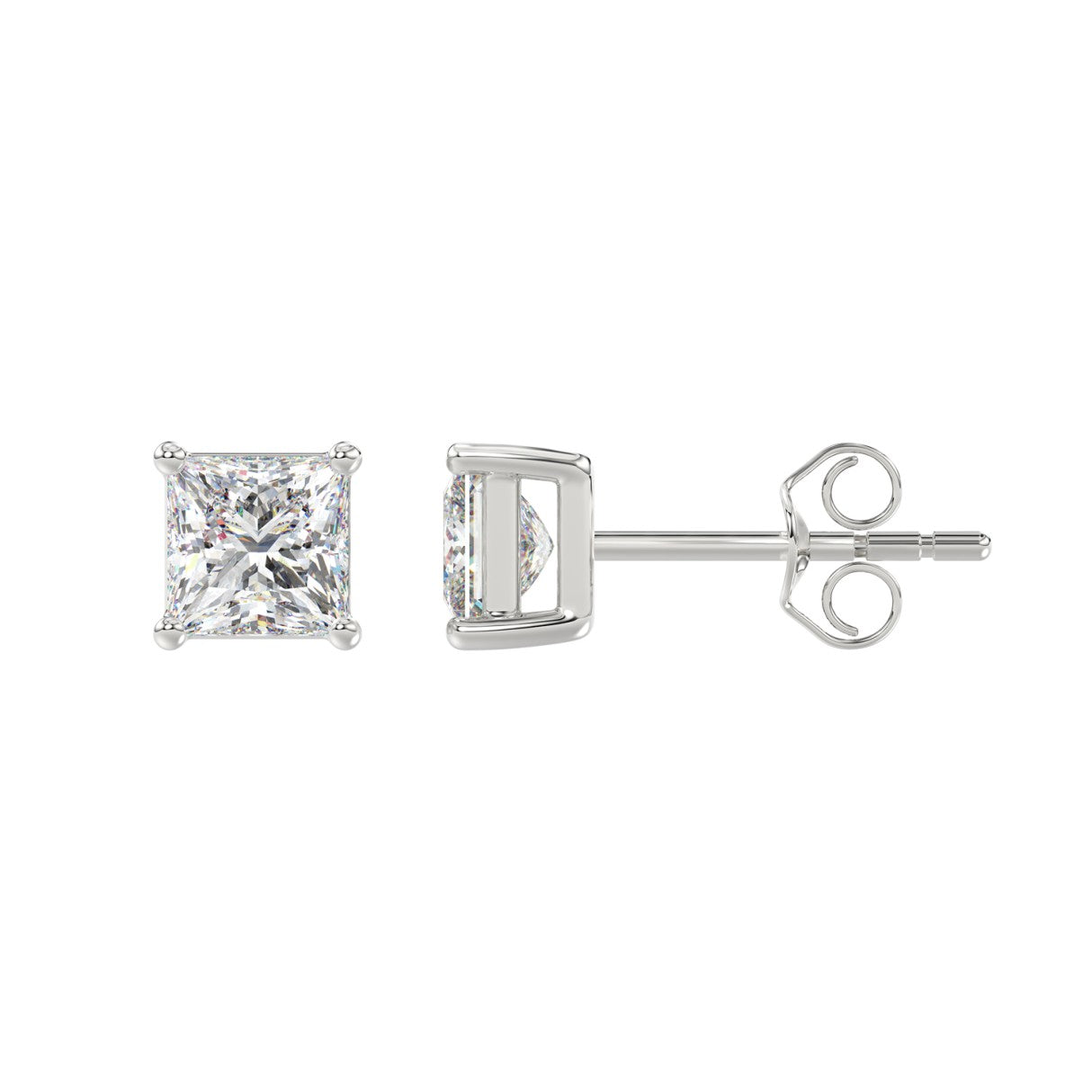 2 Carat Princess Lab Grown Diamond Stud Earrings White Gold angle view