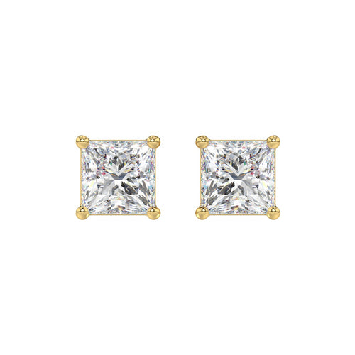 4 Carat Princess Lab Grown Diamond Stud Earrings Yellow Gold angle view