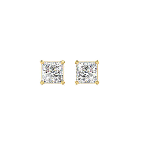 1 Carat Princess Lab Grown Diamond Stud Earrings Yellow Gold angle view