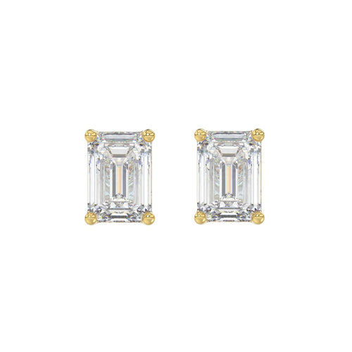 3 Carat Emerald Cut Lab Grown Diamond Stud Earrings Yellow Gold angle view