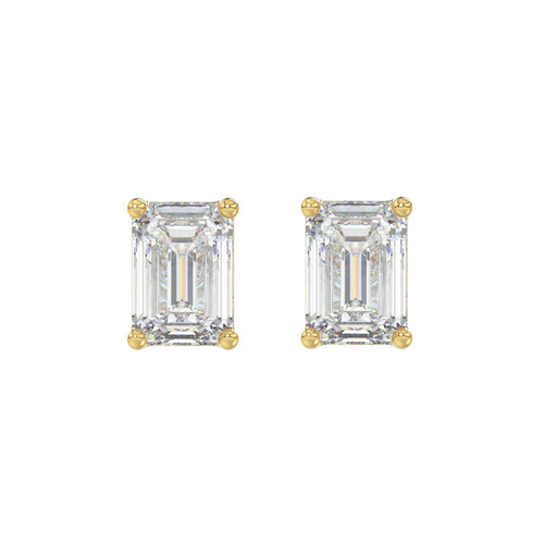 4 Carat Emerald Cut Lab Grown Diamond Stud Earrings Yellow Gold angle view