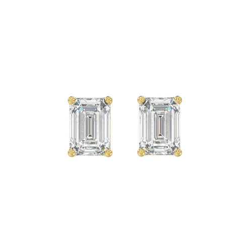 2 Carat Emerald Cut Lab Grown Diamond Stud Earrings Yellow Gold angle view