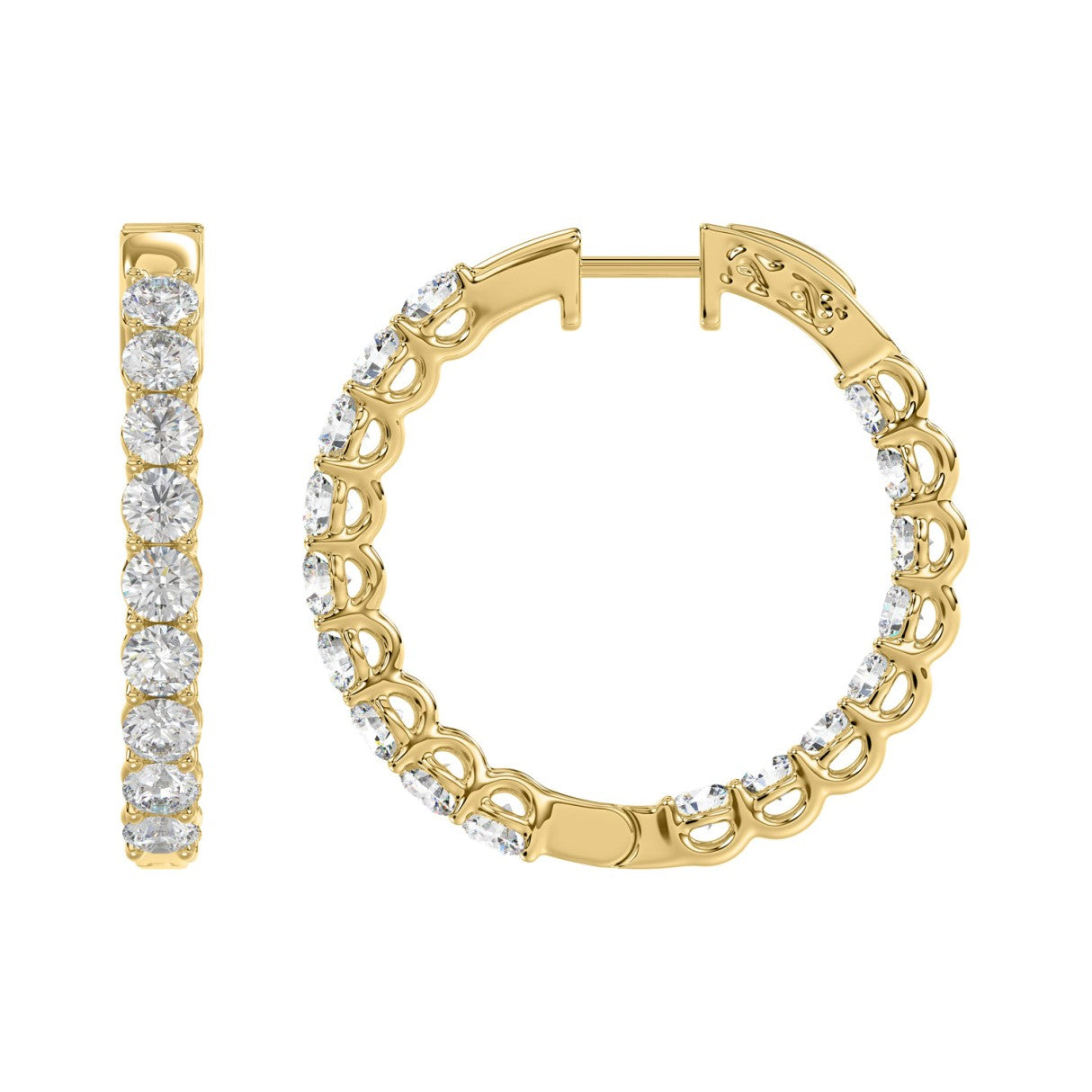 3 Carat Inside-Out Round Lab Grown Diamond Hoop Earrings Yellow Gold angle view