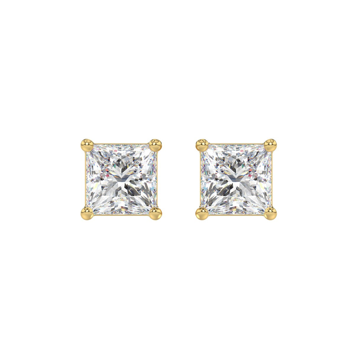3 Carat Princess Lab Grown Diamond Stud Earrings Yellow Gold angle view