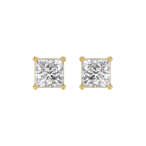 3 Carat Princess Lab Grown Diamond Stud Earrings Yellow Gold angle view